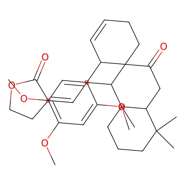 2D Structure of 3-[2-[5,5,8a-Trimethyl-3-oxo-3'-(2,4,5-trimethoxyphenyl)spiro[1,4,4a,6,7,8-hexahydronaphthalene-2,4'-cyclohexene]-1-yl]ethylidene]oxolan-2-one