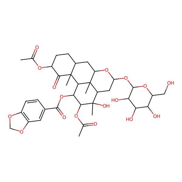 2D Structure of [(1S,2S,4S,7R,9R,11S,13R,14S,15R,16S,17R)-4,15-diacetyloxy-14-hydroxy-2,14,17-trimethyl-3-oxo-11-[(2S,3R,4S,5S,6R)-3,4,5-trihydroxy-6-(hydroxymethyl)oxan-2-yl]oxy-10-oxatetracyclo[7.7.1.02,7.013,17]heptadecan-16-yl] 1,3-benzodioxole-5-carboxylate