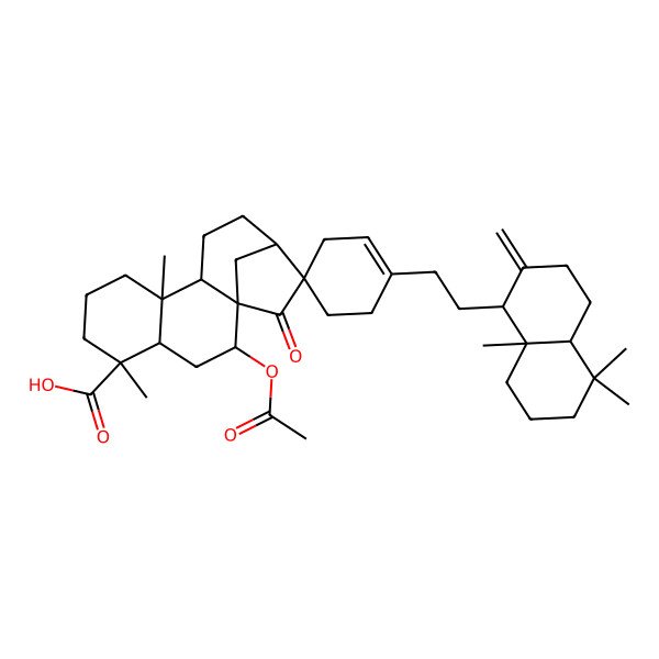 2D Structure of 2'-acetyloxy-1-[2-(5,5,8a-trimethyl-2-methylidene-3,4,4a,6,7,8-hexahydro-1H-naphthalen-1-yl)ethyl]-5',9'-dimethyl-15'-oxospiro[cyclohexene-4,14'-tetracyclo[11.2.1.01,10.04,9]hexadecane]-5'-carboxylic acid