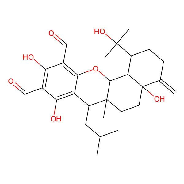 2D Structure of 4a,8,10-Trihydroxy-1-(2-hydroxypropan-2-yl)-6a-methyl-4-methylidene-7-(2-methylpropyl)-1,2,3,5,6,7,12a,12b-octahydronaphtho[1,2-b]chromene-9,11-dicarbaldehyde