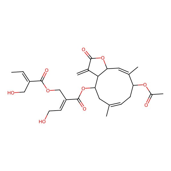 2D Structure of [(3aR,4R,6E,9S,10E,11aR)-9-acetyloxy-6,10-dimethyl-3-methylidene-2-oxo-3a,4,5,8,9,11a-hexahydrocyclodeca[b]furan-4-yl] (E)-4-hydroxy-2-[[(E)-2-(hydroxymethyl)but-2-enoyl]oxymethyl]but-2-enoate