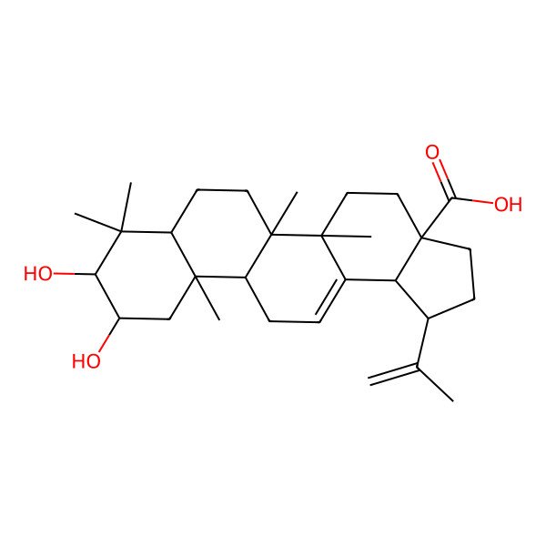 2D Structure of 9,10-Dihydroxy-5a,5b,8,8,11a-pentamethyl-1-prop-1-en-2-yl-1,2,3,4,5,6,7,7a,9,10,11,11b,12,13b-tetradecahydrocyclopenta[a]chrysene-3a-carboxylic acid