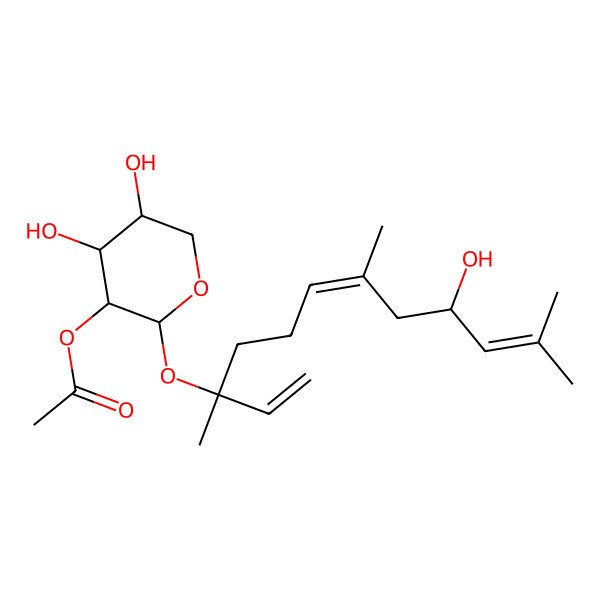 2D Structure of [(2R,3S,4R,5S)-4,5-dihydroxy-2-[(3S,6E,9R)-9-hydroxy-3,7,11-trimethyldodeca-1,6,10-trien-3-yl]oxyoxan-3-yl] acetate