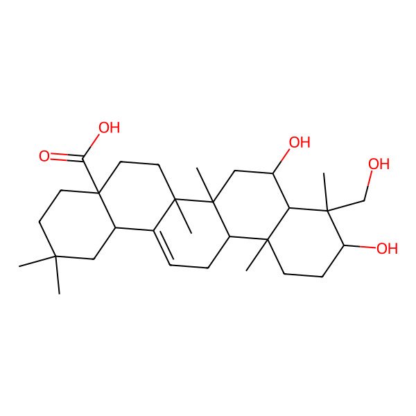 2D Structure of (4aS,6aR,6aS,6bR,8S,8aR,9S,10S,12aR,14bS)-8,10-dihydroxy-9-(hydroxymethyl)-2,2,6a,6b,9,12a-hexamethyl-1,3,4,5,6,6a,7,8,8a,10,11,12,13,14b-tetradecahydropicene-4a-carboxylic acid