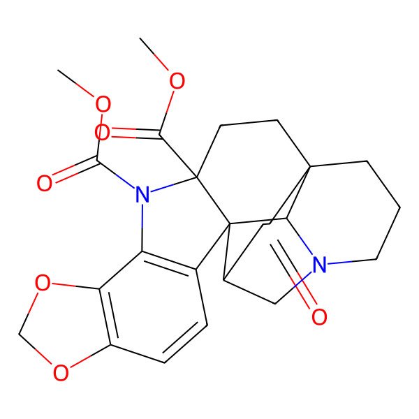 2D Structure of 14AH-3a,12-ethano-1H-[1,3]dioxolo[4,5-a]indolizino[1,8-fg]carbazole-5a,6-dicarboxylic acid, 2,3,4,5,12,13-hexahydro-15-oxo-, dimethyl ester