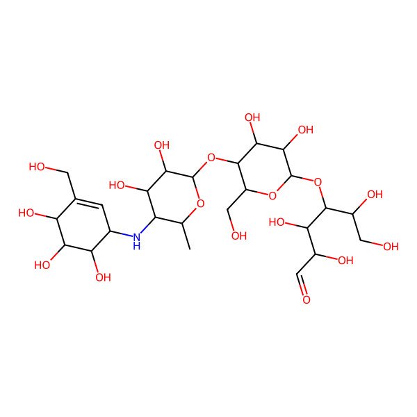 2D Structure of (2R,3S,4R,5R)-4-[(2R,3R,4S,5S,6R)-5-[(2S,3R,4S,5S,6R)-3,4-dihydroxy-6-methyl-5-[[(1S,4R,5S,6S)-4,5,6-trihydroxy-3-(hydroxymethyl)cyclohex-2-en-1-yl]amino]oxan-2-yl]oxy-3,4-dihydroxy-6-(hydroxymethyl)oxan-2-yl]oxy-2,3,5,6-tetrahydroxyhexanal