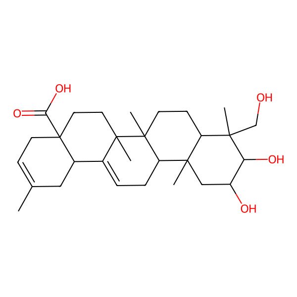 2D Structure of (4aR,6aR,6aS,6bR,8aR,9R,10R,11R,12aR,14bS)-10,11-dihydroxy-9-(hydroxymethyl)-2,6a,6b,9,12a-pentamethyl-4,5,6,6a,7,8,8a,10,11,12,13,14b-dodecahydro-1H-picene-4a-carboxylic acid