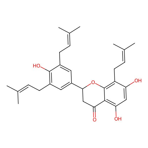2D Structure of (2S)-5,7-dihydroxy-2-[4-hydroxy-3,5-bis(3-methylbut-2-enyl)phenyl]-8-(3-methylbut-2-enyl)-2,3-dihydrochromen-4-one