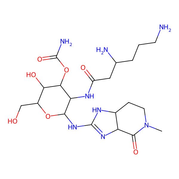 2D Structure of [5-(3,6-diaminohexanoylamino)-3-hydroxy-2-(hydroxymethyl)-6-[(5-methyl-4-oxo-3a,6,7,7a-tetrahydro-1H-imidazo[4,5-c]pyridin-2-yl)amino]oxan-4-yl] carbamate