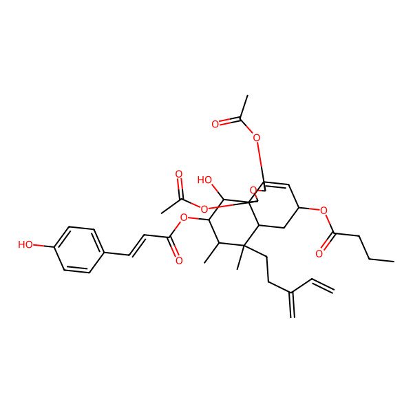 2D Structure of [(1S,3R,5R,6aS,7R,8S,9R,10R,10aS)-1,3-diacetyloxy-10-hydroxy-9-[(E)-3-(4-hydroxyphenyl)prop-2-enoyl]oxy-7,8-dimethyl-7-(3-methylidenepent-4-enyl)-1,3,5,6,6a,8,9,10-octahydrobenzo[d][2]benzofuran-5-yl] butanoate