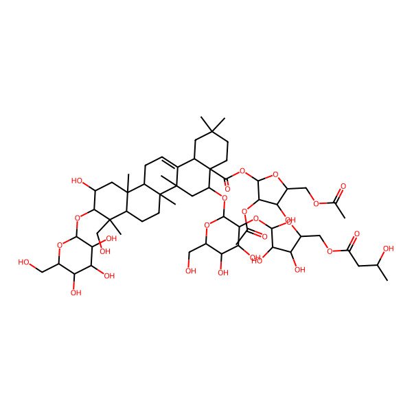 2D Structure of [(2S,3S,4R,5R)-3-acetyloxy-5-(acetyloxymethyl)-4-hydroxyoxolan-2-yl] (4aR,5R,6aR,6aS,6bR,8aR,9R,10R,11S,12aR,14bS)-5-[(2R,3R,4S,5S,6R)-3-[(2R,3S,4S,5R)-3,4-dihydroxy-5-[[(3S)-3-hydroxybutanoyl]oxymethyl]oxolan-2-yl]oxy-4,5-dihydroxy-6-(hydroxymethyl)oxan-2-yl]oxy-11-hydroxy-9-(hydroxymethyl)-2,2,6a,6b,9,12a-hexamethyl-10-[(2R,3R,4S,5S,6R)-3,4,5-trihydroxy-6-(hydroxymethyl)oxan-2-yl]oxy-1,3,4,5,6,6a,7,8,8a,10,11,12,13,14b-tetradecahydropicene-4a-carboxylate