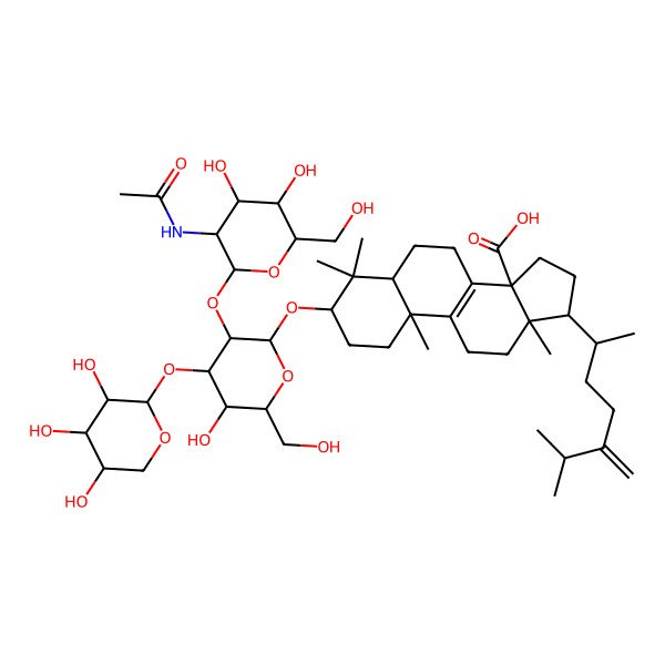 2D Structure of (3S,5R,10S,13R,14S,17R)-3-[(2R,3R,4S,5S,6R)-3-[(2S,3R,4R,5S,6R)-3-acetamido-4,5-dihydroxy-6-(hydroxymethyl)oxan-2-yl]oxy-5-hydroxy-6-(hydroxymethyl)-4-[(2S,3R,4S,5S)-3,4,5-trihydroxyoxan-2-yl]oxyoxan-2-yl]oxy-4,4,10,13-tetramethyl-17-[(2R)-6-methyl-5-methylideneheptan-2-yl]-2,3,5,6,7,11,12,15,16,17-decahydro-1H-cyclopenta[a]phenanthrene-14-carboxylic acid