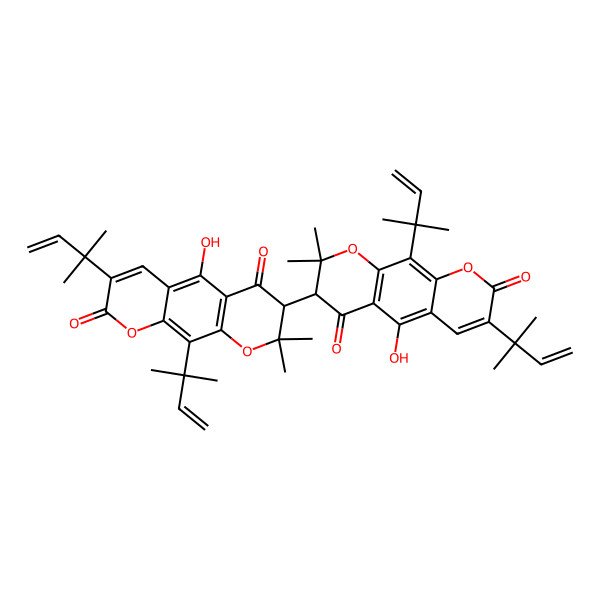 2D Structure of (3S)-5-hydroxy-3-[(3S)-5-hydroxy-2,2-dimethyl-7,10-bis(2-methylbut-3-en-2-yl)-4,8-dioxo-3H-pyrano[3,2-g]chromen-3-yl]-2,2-dimethyl-7,10-bis(2-methylbut-3-en-2-yl)-3H-pyrano[3,2-g]chromene-4,8-dione