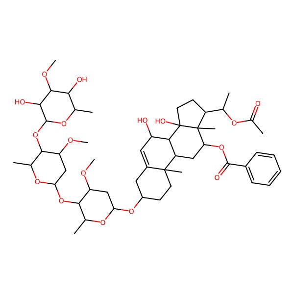 2D Structure of [(3S,7R,10R,12R,13S,14S,17S)-17-(1-acetyloxyethyl)-3-[(2R,4R,5R)-5-[(2S,4R,5R)-5-[(2S,4S,5R)-3,5-dihydroxy-4-methoxy-6-methyloxan-2-yl]oxy-4-methoxy-6-methyloxan-2-yl]oxy-4-methoxy-6-methyloxan-2-yl]oxy-7,14-dihydroxy-10,13-dimethyl-1,2,3,4,7,8,9,11,12,15,16,17-dodecahydrocyclopenta[a]phenanthren-12-yl] benzoate