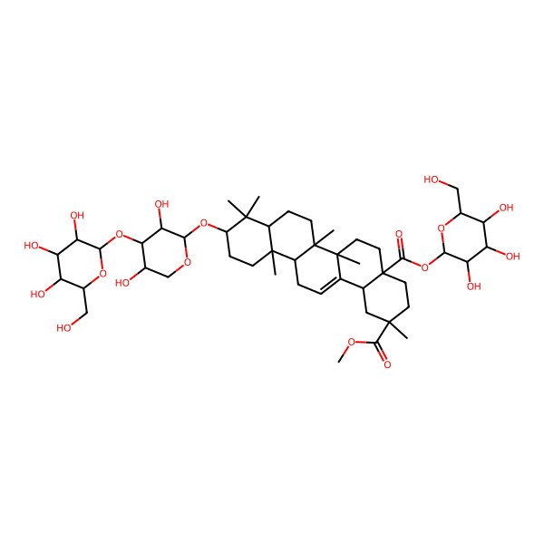2D Structure of 2-O-methyl 4a-O-[3,4,5-trihydroxy-6-(hydroxymethyl)oxan-2-yl] 10-[3,5-dihydroxy-4-[3,4,5-trihydroxy-6-(hydroxymethyl)oxan-2-yl]oxyoxan-2-yl]oxy-2,6a,6b,9,9,12a-hexamethyl-1,3,4,5,6,6a,7,8,8a,10,11,12,13,14b-tetradecahydropicene-2,4a-dicarboxylate