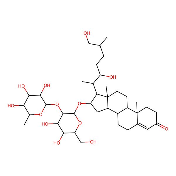 2D Structure of (8S,9S,10R,13S,14S,16S,17R)-16-[(2R,3R,4S,5R,6R)-4,5-dihydroxy-6-(hydroxymethyl)-3-[(2R,3R,4R,5R,6S)-3,4,5-trihydroxy-6-methyloxan-2-yl]oxyoxan-2-yl]oxy-17-[(2S,3S,6S)-3,7-dihydroxy-6-methylheptan-2-yl]-10,13-dimethyl-1,2,6,7,8,9,11,12,14,15,16,17-dodecahydrocyclopenta[a]phenanthren-3-one