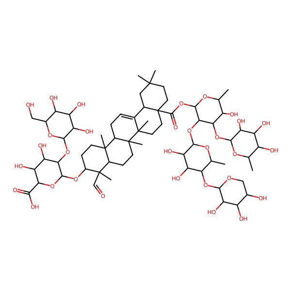 2D Structure of (3beta,4alpha)-28-[(O-6-Deoxy-alpha-L-mannopyranosyl-(1-->3)-O-[O-beta-D-xylopyranosyl-(1-->4)-6-deoxy-alpha-L-mannopyranosyl-(1-->2)]-6-deoxy-beta-D-galactopyranosyl)oxy]-23,28-dioxoolean-12-en-3-yl 2-O-beta-D-galactopyranosyl-beta-D-glucopyranosiduronic acid