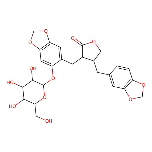 2D Structure of 4-(1,3-Benzodioxol-5-ylmethyl)-3-[[6-[3,4,5-trihydroxy-6-(hydroxymethyl)oxan-2-yl]oxy-1,3-benzodioxol-5-yl]methyl]oxolan-2-one
