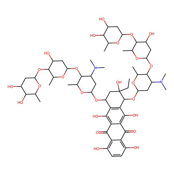 2D Structure of 7,10-bis[[5-[5-(4,5-dihydroxy-6-methyloxan-2-yl)oxy-4-hydroxy-6-methyloxan-2-yl]oxy-4-(dimethylamino)-6-methyloxan-2-yl]oxy]-9-ethyl-1,4,6,9,11-pentahydroxy-8,10-dihydro-7H-tetracene-5,12-dione
