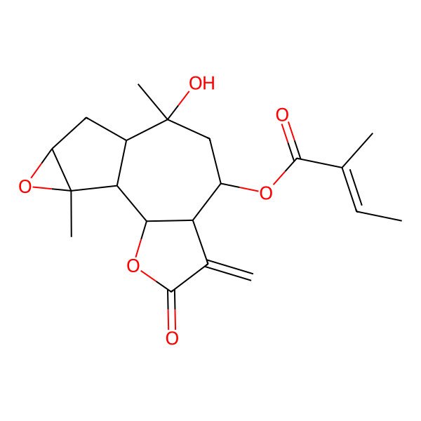 2D Structure of (9-Hydroxy-9,14-dimethyl-5-methylidene-4-oxo-3,13-dioxatetracyclo[8.4.0.02,6.012,14]tetradecan-7-yl) 2-methylbut-2-enoate