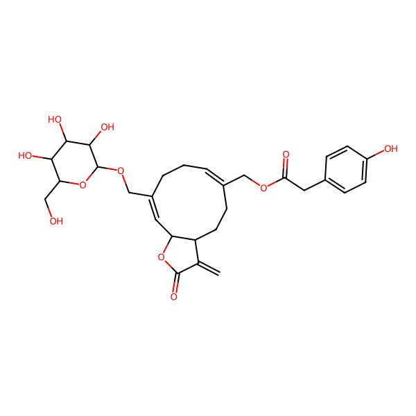 2D Structure of [3-Methylidene-2-oxo-10-[[3,4,5-trihydroxy-6-(hydroxymethyl)oxan-2-yl]oxymethyl]-3a,4,5,8,9,11a-hexahydrocyclodeca[b]furan-6-yl]methyl 2-(4-hydroxyphenyl)acetate