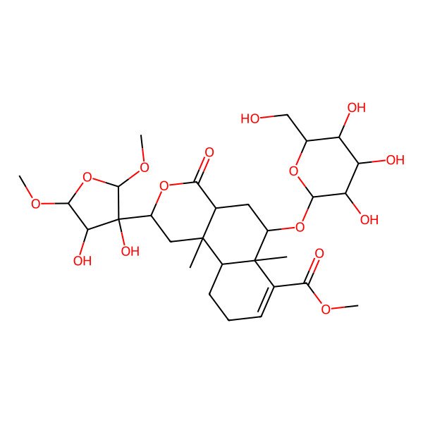 2D Structure of methyl (2R,4aR,6R,6aS,10aR,10bS)-2-[(2S,3S,4S,5S)-3,4-dihydroxy-2,5-dimethoxyoxolan-3-yl]-6a,10b-dimethyl-4-oxo-6-[(2R,3R,4S,5S,6R)-3,4,5-trihydroxy-6-(hydroxymethyl)oxan-2-yl]oxy-1,2,4a,5,6,9,10,10a-octahydrobenzo[f]isochromene-7-carboxylate