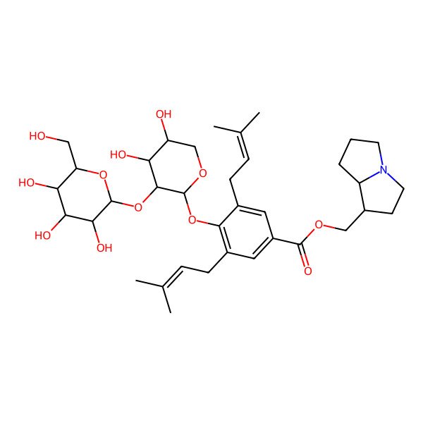 2D Structure of 2,3,5,6,7,8-hexahydro-1H-pyrrolizin-1-ylmethyl 4-[4,5-dihydroxy-3-[3,4,5-trihydroxy-6-(hydroxymethyl)oxan-2-yl]oxyoxan-2-yl]oxy-3,5-bis(3-methylbut-2-enyl)benzoate