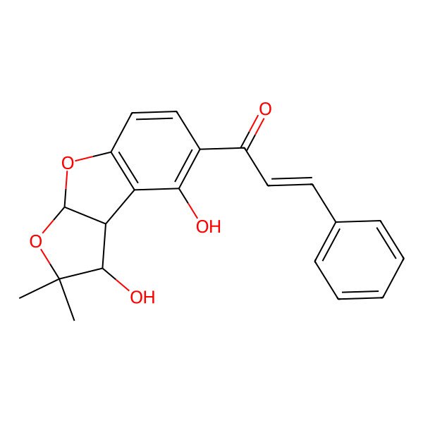 2D Structure of 1-(1,8-dihydroxy-2,2-dimethyl-3a,8b-dihydro-1H-furo[2,3-b][1]benzofuran-7-yl)-3-phenylprop-2-en-1-one