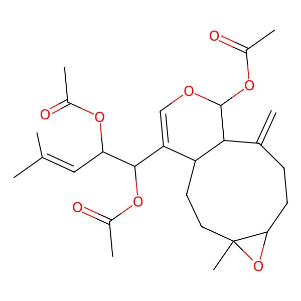2D Structure of [14-(1,2-Diacetyloxy-4-methylpent-3-enyl)-4-methyl-9-methylidene-5,12-dioxatricyclo[8.4.0.04,6]tetradec-13-en-11-yl] acetate