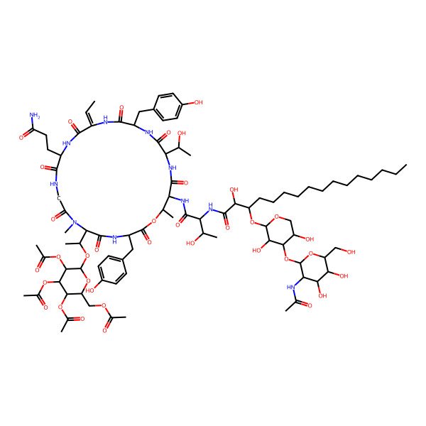 2D Structure of [(2S,3S,4R,5R,6R)-6-[1-[(3S,12R,15Z,18R,21S,24S,25R)-24-[[2-[[3-[(2S,3S,4R,5R)-4-[(2R,3S,4S,5R,6S)-3-acetamido-4,5-dihydroxy-6-(hydroxymethyl)oxan-2-yl]oxy-3,5-dihydroxyoxan-2-yl]oxy-2-hydroxyhexadecanoyl]amino]-3-hydroxybutanoyl]amino]-12-(3-amino-3-oxopropyl)-15-ethylidene-21-[(1S)-1-hydroxyethyl]-3,18-bis[(4-hydroxyphenyl)methyl]-7,25-dimethyl-2,5,8,11,14,17,20,23-octaoxo-1-oxa-4,7,10,13,16,19,22-heptazacyclopentacos-6-yl]ethoxy]-3,4,5-triacetyloxyoxan-2-yl]methyl acetate