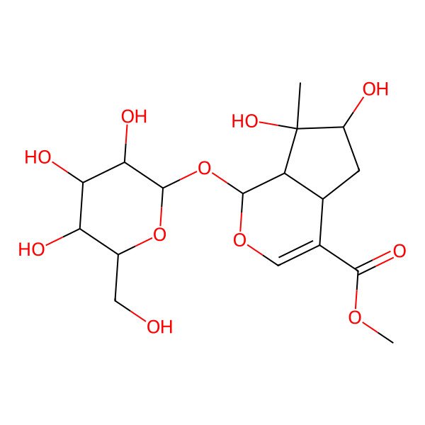 2D Structure of methyl (1S,4aS,6S,7R,7aS)-6,7-dihydroxy-7-methyl-1-[(2R,3S,4S,5S,6R)-3,4,5-trihydroxy-6-(hydroxymethyl)oxan-2-yl]oxy-4a,5,6,7a-tetrahydro-1H-cyclopenta[c]pyran-4-carboxylate