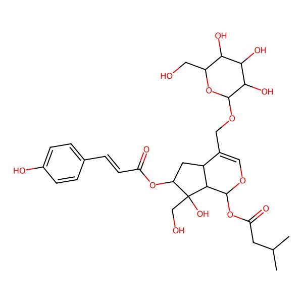 2D Structure of [(1S,4aS,6S,7R,7aS)-7-hydroxy-7-(hydroxymethyl)-6-[(E)-3-(4-hydroxyphenyl)prop-2-enoyl]oxy-4-[[(2R,3S,4S,5S,6S)-3,4,5-trihydroxy-6-(hydroxymethyl)oxan-2-yl]oxymethyl]-4a,5,6,7a-tetrahydro-1H-cyclopenta[c]pyran-1-yl] 3-methylbutanoate