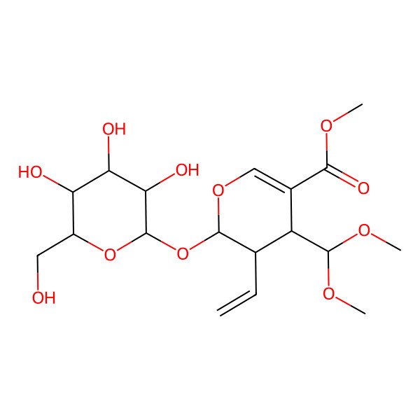 2D Structure of methyl (2S,3R,4S)-4-(dimethoxymethyl)-3-ethenyl-2-[(2S,3R,4S,5S,6R)-3,4,5-trihydroxy-6-(hydroxymethyl)oxan-2-yl]oxy-3,4-dihydro-2H-pyran-5-carboxylate