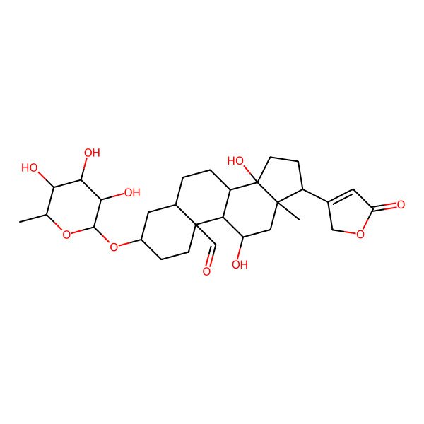 2D Structure of 11,14-dihydroxy-13-methyl-17-(5-oxo-2H-furan-3-yl)-3-(3,4,5-trihydroxy-6-methyloxan-2-yl)oxy-1,2,3,4,5,6,7,8,9,11,12,15,16,17-tetradecahydrocyclopenta[a]phenanthrene-10-carbaldehyde