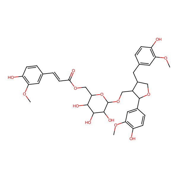 2D Structure of [(3R,4S,5S)-3,4,5-trihydroxy-6-[[(2S,4R)-2-(4-hydroxy-3-methoxyphenyl)-4-[(4-hydroxy-3-methoxyphenyl)methyl]oxolan-3-yl]methoxy]oxan-2-yl]methyl (E)-3-(4-hydroxy-3-methoxyphenyl)prop-2-enoate