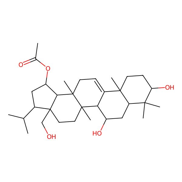 2D Structure of [(1R,3S,3aR,5aS,5bS,6S,7aS,9S,11aS,13aR,13bR)-6,9-dihydroxy-3a-(hydroxymethyl)-5a,8,8,11a,13a-pentamethyl-3-propan-2-yl-1,2,3,4,5,5b,6,7,7a,9,10,11,13,13b-tetradecahydrocyclopenta[a]chrysen-1-yl] acetate