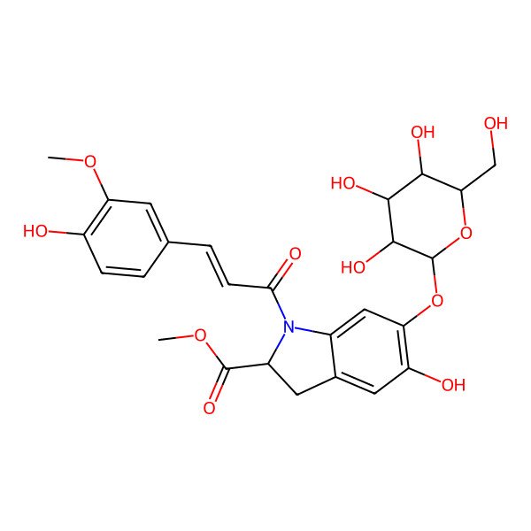 2D Structure of methyl (2S)-5-hydroxy-1-[(E)-3-(4-hydroxy-3-methoxyphenyl)prop-2-enoyl]-6-[(2S,3R,4S,5S,6R)-3,4,5-trihydroxy-6-(hydroxymethyl)oxan-2-yl]oxy-2,3-dihydroindole-2-carboxylate