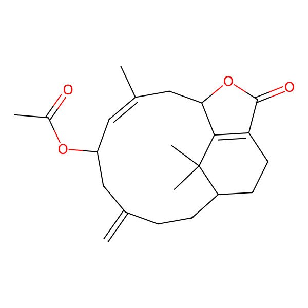 2D Structure of [(1R,3E,5S,10R)-3,17,17-trimethyl-7-methylidene-14-oxo-15-oxatricyclo[8.5.2.013,16]heptadeca-3,13(16)-dien-5-yl] acetate