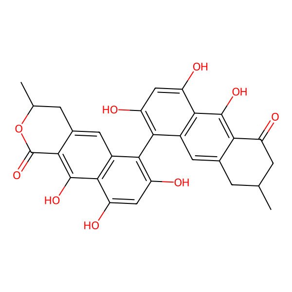 2D Structure of 7,9,10-trihydroxy-3-methyl-6-(2,4,10-trihydroxy-7-methyl-5-oxo-7,8-dihydro-6H-anthracen-1-yl)-3,4-dihydrobenzo[g]isochromen-1-one
