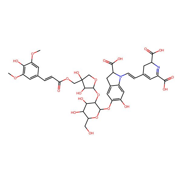 2D Structure of (2S)-4-[(E)-2-[(2S)-2-carboxy-5-[(2S,3R,4S,5S,6R)-3-[(2S,3R,4S)-3,4-dihydroxy-4-[[(E)-3-(4-hydroxy-3,5-dimethoxyphenyl)prop-2-enoyl]oxymethyl]oxolan-2-yl]oxy-4,5-dihydroxy-6-(hydroxymethyl)oxan-2-yl]oxy-6-hydroxy-2,3-dihydroindol-1-yl]ethenyl]-2,3-dihydropyridine-2,6-dicarboxylic acid