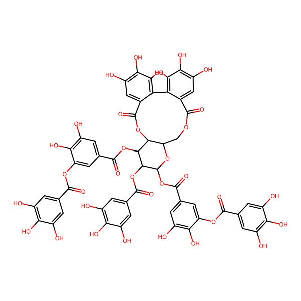 2D Structure of [11,13-Bis[[3,4-dihydroxy-5-(3,4,5-trihydroxybenzoyl)oxybenzoyl]oxy]-3,4,5,21,22,23-hexahydroxy-8,18-dioxo-9,14,17-trioxatetracyclo[17.4.0.02,7.010,15]tricosa-1(23),2,4,6,19,21-hexaen-12-yl] 3,4,5-trihydroxybenzoate