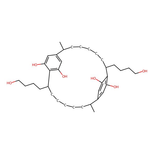 2D Structure of 8,19-Bis(4-hydroxybutyl)-2,13-dimethyltricyclo[18.2.2.29,12]hexacosa-1(22),9,11,20,23,25-hexaene-10,21,24,26-tetrol