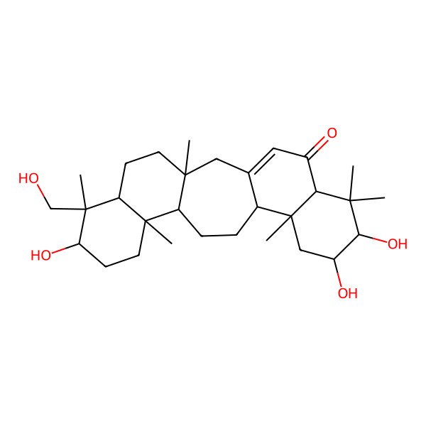 2D Structure of (1S,6R,8S,9R,11R,12S,15S,16R,19R,20S,21R)-8,9,19-trihydroxy-20-(hydroxymethyl)-1,7,7,11,16,20-hexamethylpentacyclo[13.8.0.03,12.06,11.016,21]tricos-3-en-5-one