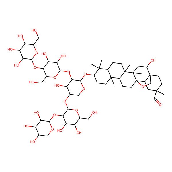 2D Structure of (1S,2R,4S,5R,8R,10S,13R,14R,17S,18R,20S)-10-[(2S,3R,4S,5S)-3-[(2S,3R,4R,5S,6R)-3,4-dihydroxy-6-(hydroxymethyl)-5-[(2S,3R,4S,5S,6R)-3,4,5-trihydroxy-6-(hydroxymethyl)oxan-2-yl]oxyoxan-2-yl]oxy-5-[(2S,3R,4S,5S,6R)-4,5-dihydroxy-6-(hydroxymethyl)-3-[(2S,3R,4S,5R)-3,4,5-trihydroxyoxan-2-yl]oxyoxan-2-yl]oxy-4-hydroxyoxan-2-yl]oxy-2-hydroxy-4,5,9,9,13,20-hexamethyl-24-oxahexacyclo[15.5.2.01,18.04,17.05,14.08,13]tetracosane-20-carbaldehyde