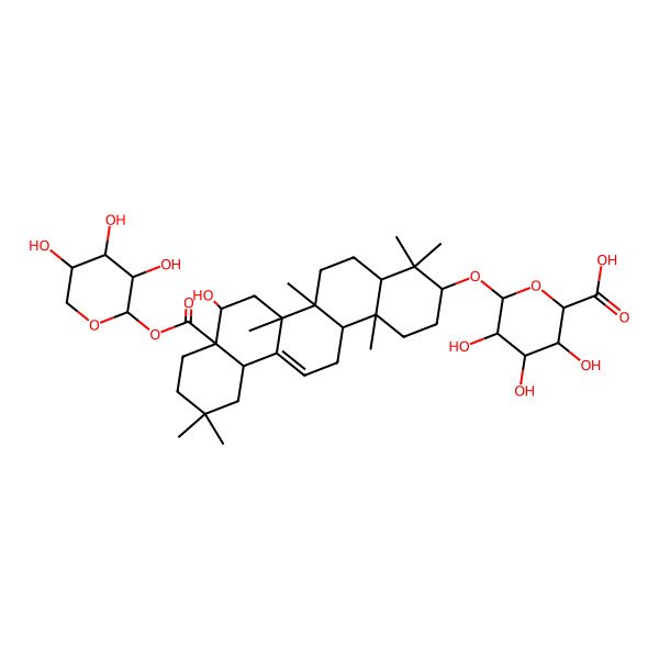 2D Structure of (2S,3S,4S,5R,6R)-6-[[(3S,4aR,6aR,6bS,8R,8aR,12aS,14aR,14bR)-8-hydroxy-4,4,6a,6b,11,11,14b-heptamethyl-8a-[(2S,3R,4S,5R)-3,4,5-trihydroxyoxan-2-yl]oxycarbonyl-1,2,3,4a,5,6,7,8,9,10,12,12a,14,14a-tetradecahydropicen-3-yl]oxy]-3,4,5-trihydroxyoxane-2-carboxylic acid
