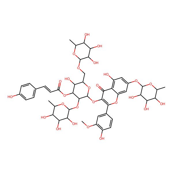 2D Structure of [(2S,3S,4S,5S,6S)-5-hydroxy-2-[5-hydroxy-2-(4-hydroxy-3-methoxyphenyl)-4-oxo-7-[(2S,3S,4R,5R,6R)-3,4,5-trihydroxy-6-methyloxan-2-yl]oxychromen-3-yl]oxy-3-[(2S,3S,4R,5R,6S)-3,4,5-trihydroxy-6-methyloxan-2-yl]oxy-6-[[(2R,3S,4S,5R,6S)-3,4,5-trihydroxy-6-methyloxan-2-yl]oxymethyl]oxan-4-yl] (E)-3-(4-hydroxyphenyl)prop-2-enoate