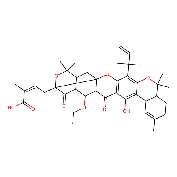 2D Structure of 4-[11-Ethoxy-15-hydroxy-6,6,19,23,23-pentamethyl-26-(2-methylbut-3-en-2-yl)-9,13-dioxo-2,7,24-trioxaheptacyclo[12.12.0.03,8.03,12.05,10.016,25.017,22]hexacosa-1(14),15,18,25-tetraen-8-yl]-2-methylbut-2-enoic acid