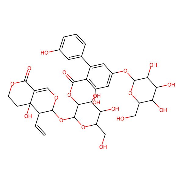 2D Structure of [(2S,3R,4S,5S,6R)-2-[[(3S,4R,4aR)-4-ethenyl-4a-hydroxy-8-oxo-3,4,5,6-tetrahydropyrano[3,4-c]pyran-3-yl]oxy]-4,5-dihydroxy-6-(hydroxymethyl)oxan-3-yl] 2-hydroxy-6-(3-hydroxyphenyl)-4-[(2S,3R,4S,5S,6R)-3,4,5-trihydroxy-6-(hydroxymethyl)oxan-2-yl]oxybenzoate