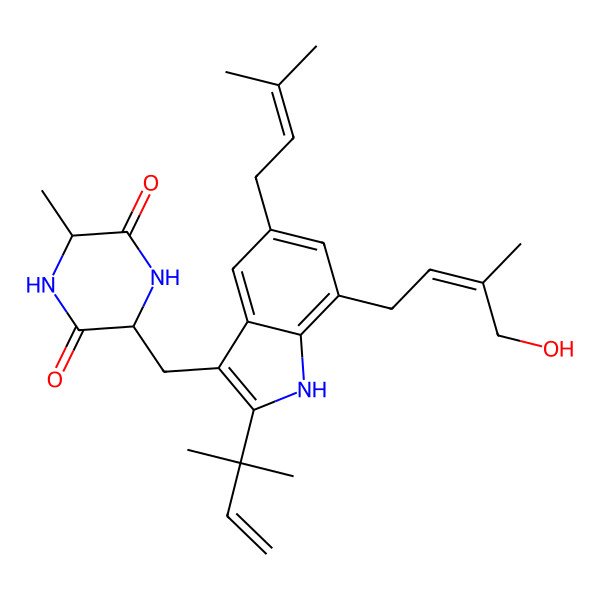 2D Structure of 3-[[7-(4-hydroxy-3-methylbut-2-enyl)-2-(2-methylbut-3-en-2-yl)-5-(3-methylbut-2-enyl)-1H-indol-3-yl]methyl]-6-methylpiperazine-2,5-dione