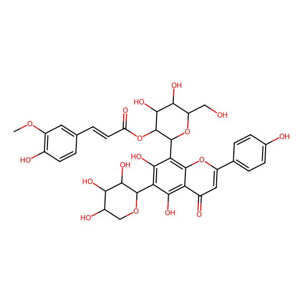 2D Structure of [(2S,3R,4S,5S,6R)-2-[5,7-dihydroxy-2-(4-hydroxyphenyl)-4-oxo-6-[(2R,3R,4S,5S)-3,4,5-trihydroxyoxan-2-yl]chromen-8-yl]-4,5-dihydroxy-6-(hydroxymethyl)oxan-3-yl] (E)-3-(4-hydroxy-3-methoxyphenyl)prop-2-enoate